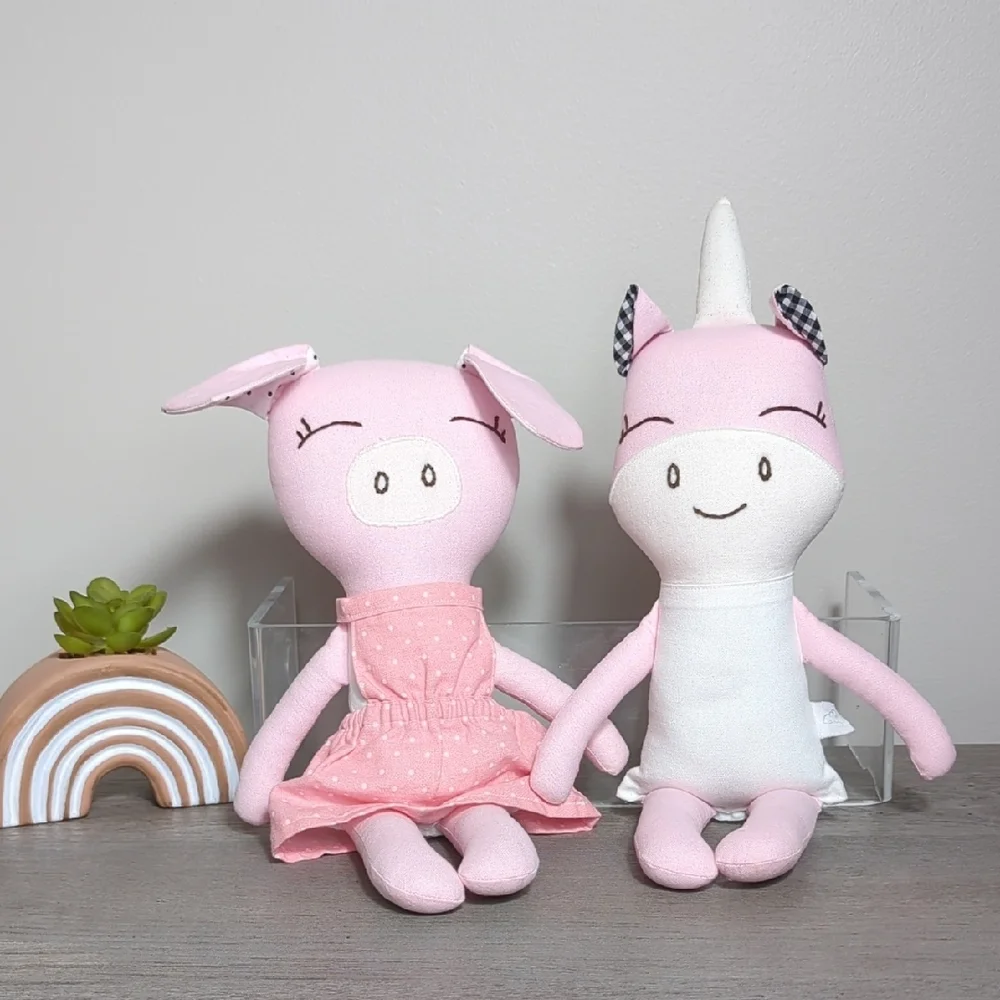 Buttercup Avenue Pink White Plush Unicorn‎ & Piglet Dolls Pair 2 Modern Handmade